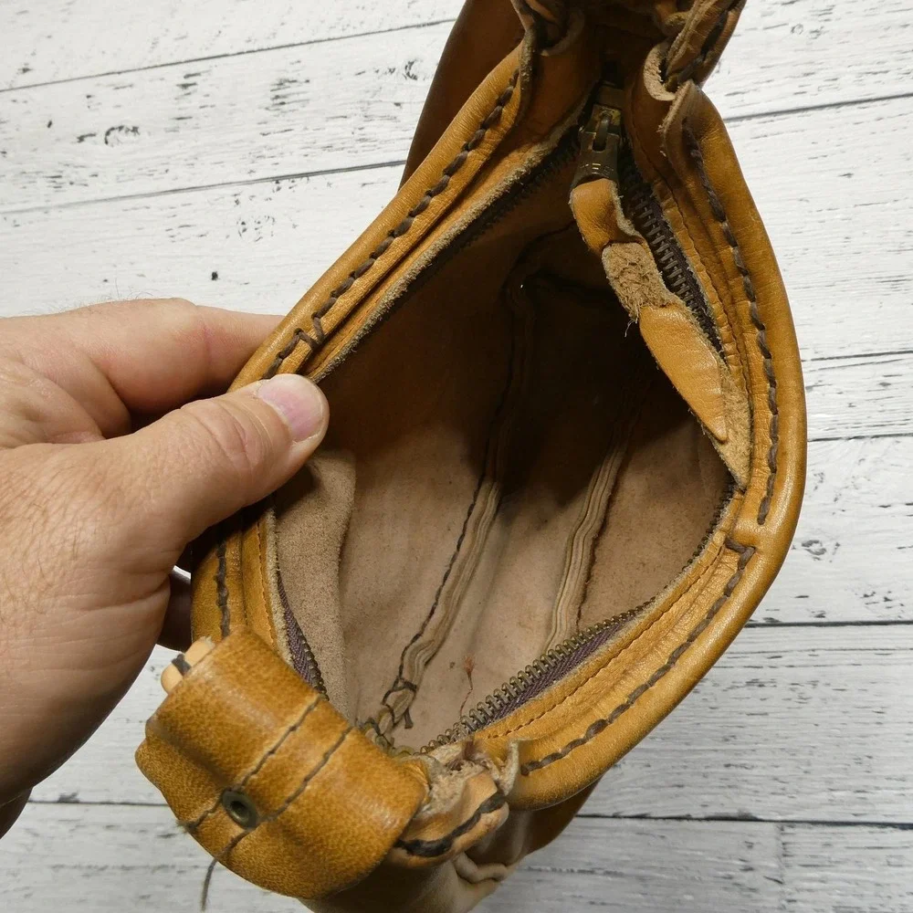 Leather‎ Shoulder Bag Womens Small Tan Hobo Purse Zip Top Raw Suede Lining Boho
